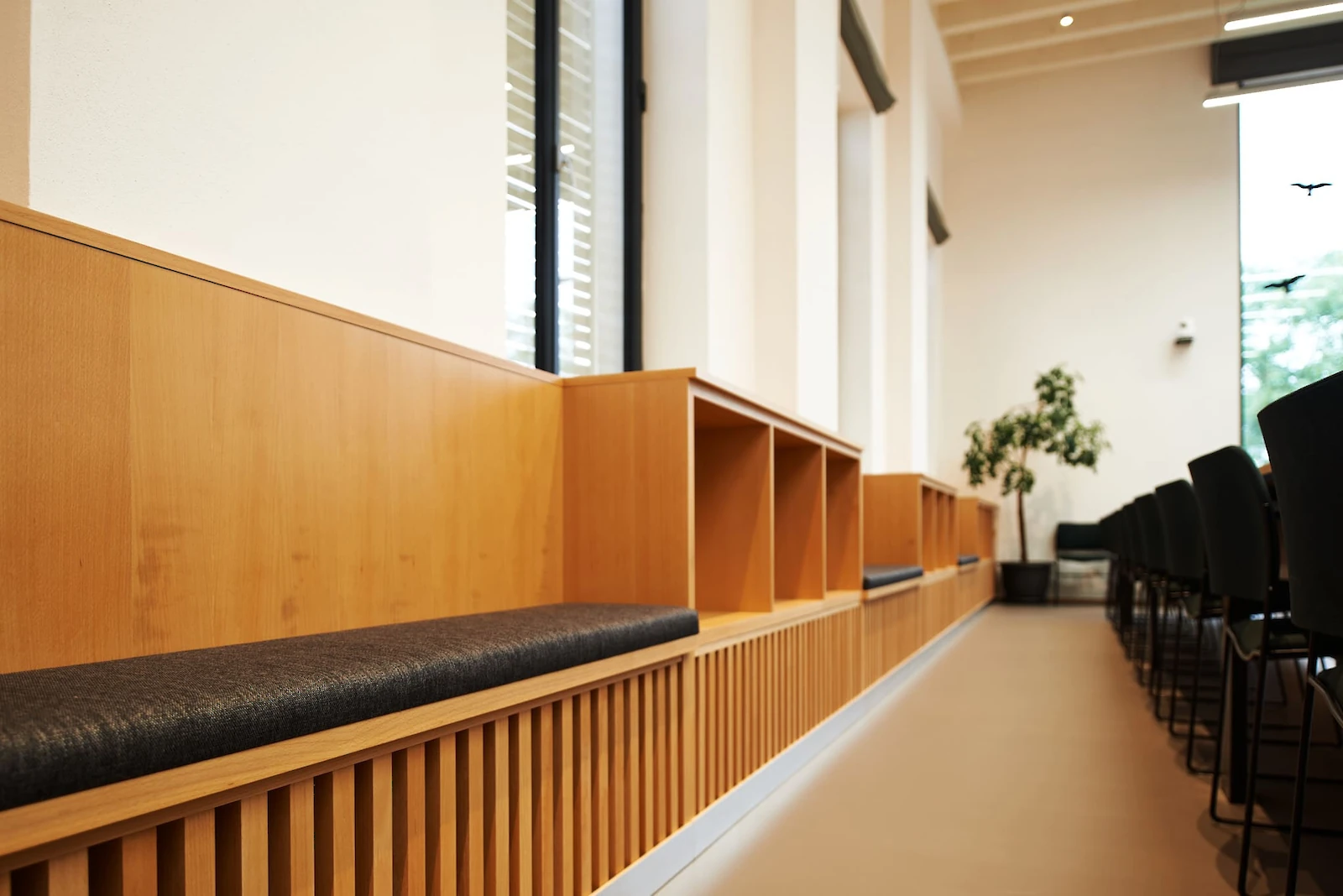 Dřevěné obložení přednáškového sálu